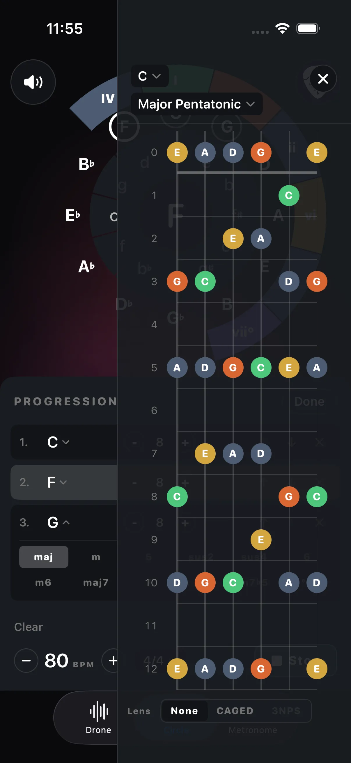 The same I-IV-V progression in C major playing, with the fretboard drawer open showing the C major pentatonic scale across the neck.
