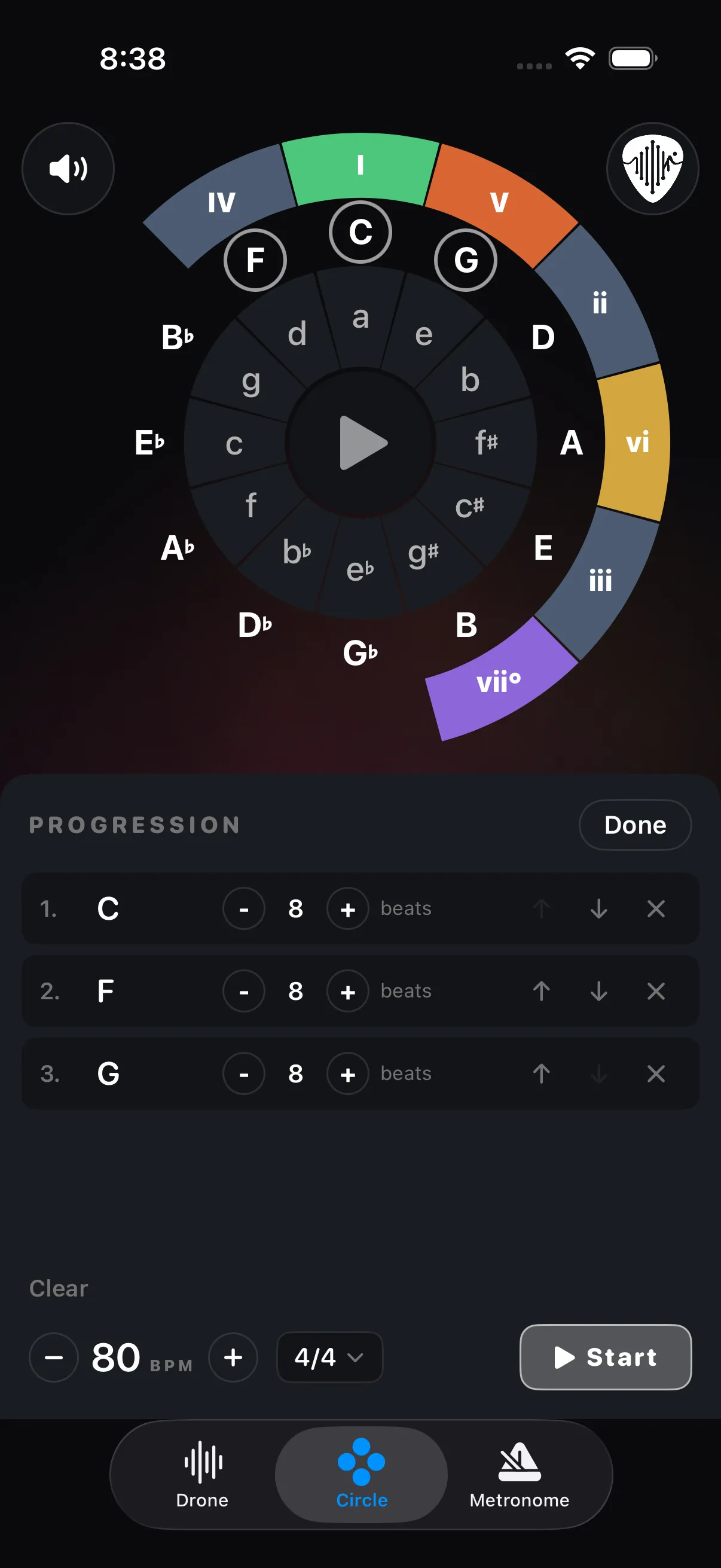 Build mode with a I-IV-V progression in C major: C, F and G ringed on the circle with their roman numerals highlighted, and the three steps listed below at eight beats each.