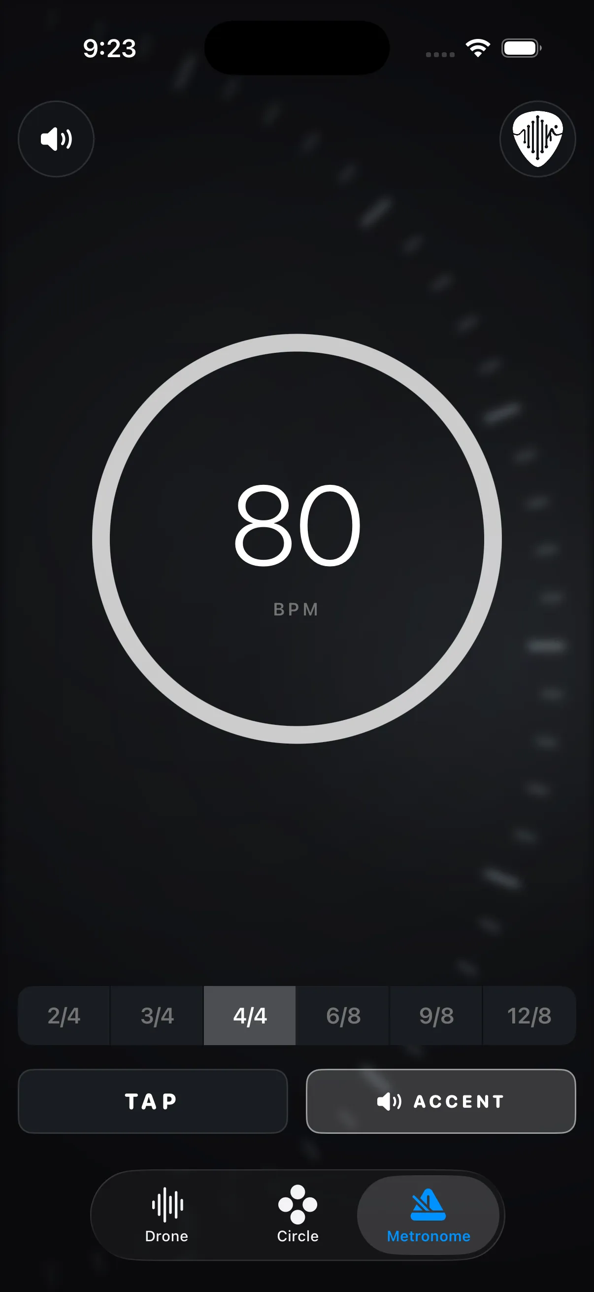 The metronome at 80 BPM in 4/4, with tap tempo and accent controls.
