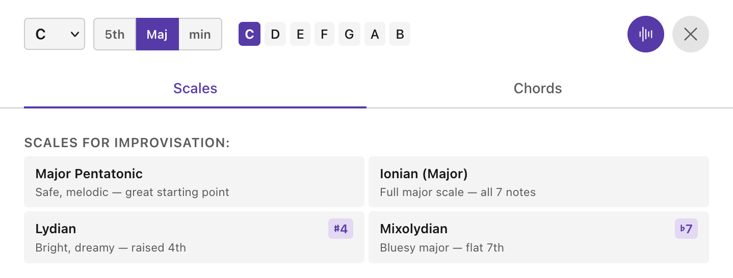 Drone practice tool with scale suggestions